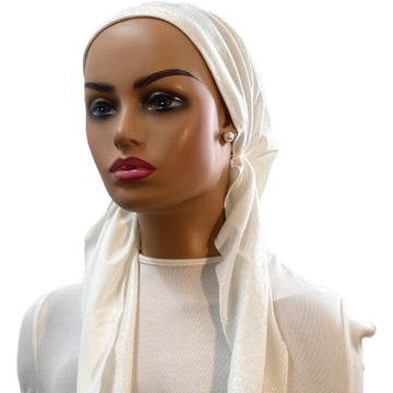 Ahead VT2733 White Pearlescent Solid Versatile Style Long Tails Open Back Pre-Tied Bandanna Myselflingerie.com
